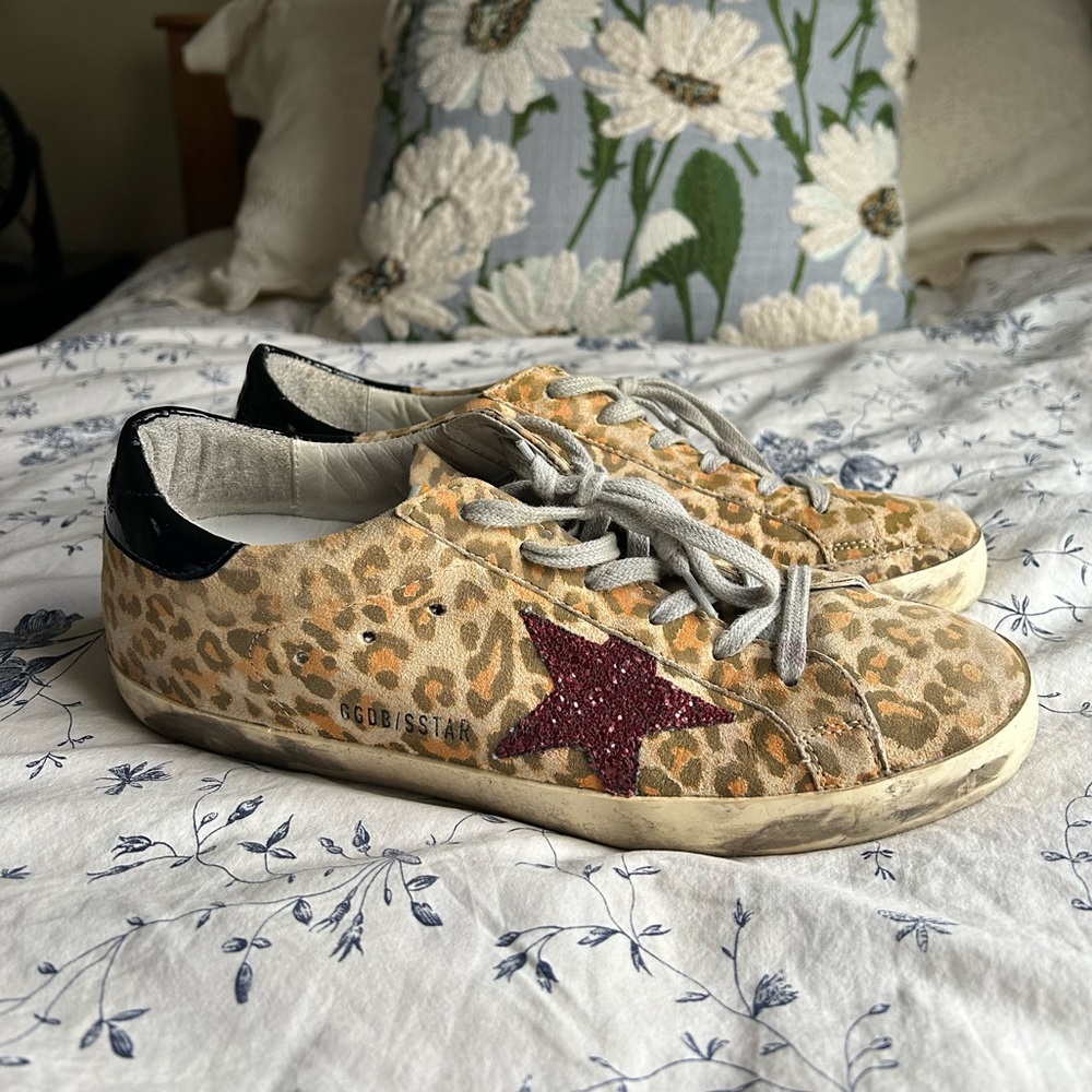 Golden Goose Superstar Cheetah Print Sneakers with Red Sparkly Star Size 39
